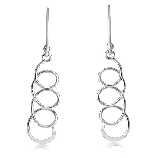 Visiace strieborné 925 náušnice - zatočená špirála, lesklý a hladký povrch