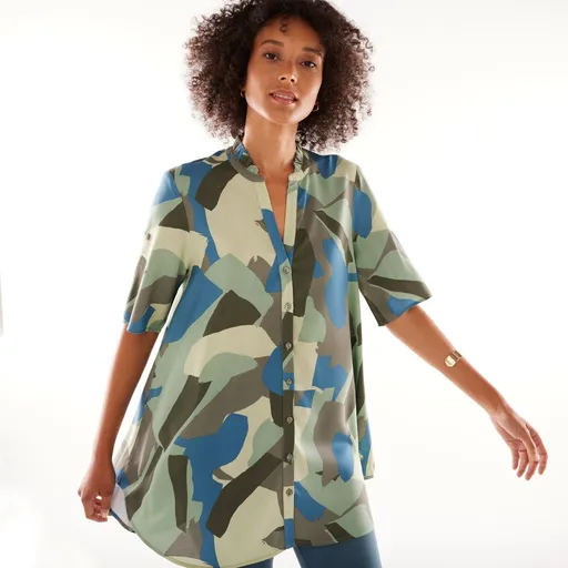 Tunika na gombíky s tuniským výstrihom a grafickou potlačou