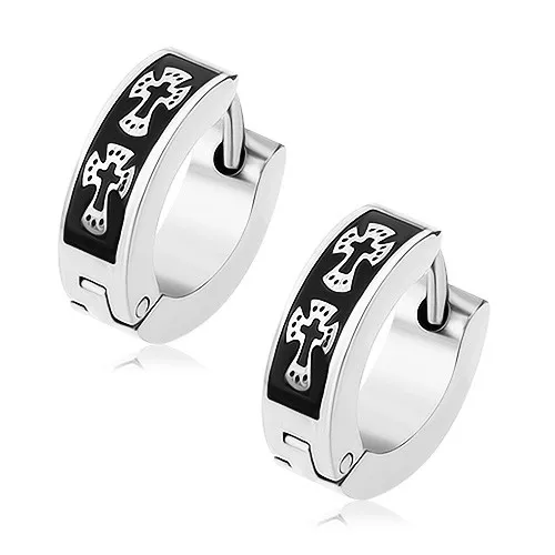 Lesklé oceľové náušnice striebornej farby, čierny pás, krížiky