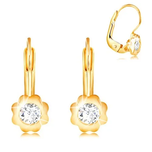 Náušnice zo žltého 14K zlata - kvietok s hladkými lupeňmi a zirkónom