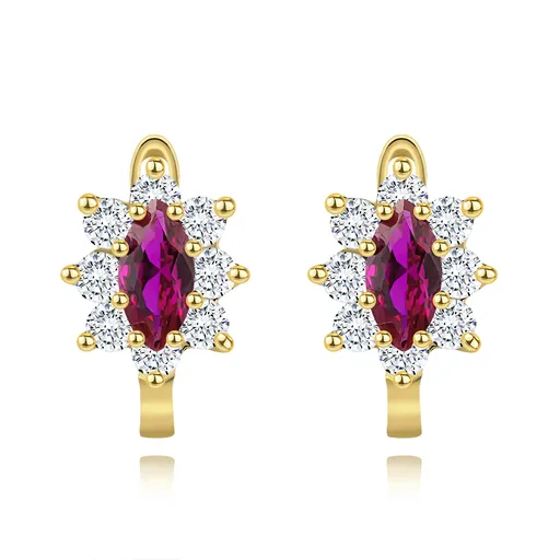 Zlaté náušnice 14K s ružovým syntetickým rubínom a čírymi zirkónmi