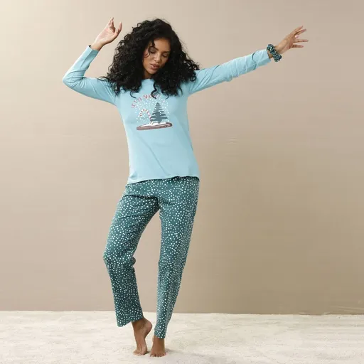 Pyžamo s nohavicami a vianočným motívom snow, s textilnou gumkou do vlasov