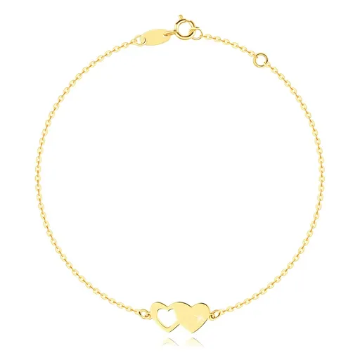 Zlatý náramok 585 - obrys srdca spojený s plným srdiečkom