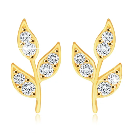 Diamantové náušnice zo 14K zlata - stonka s lístkami, ligotavé číre brilianty