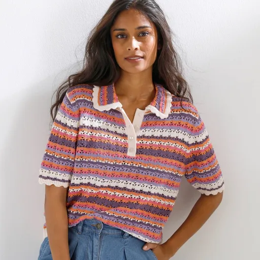 Ažúrová prúžkovaná blúzka s golierom