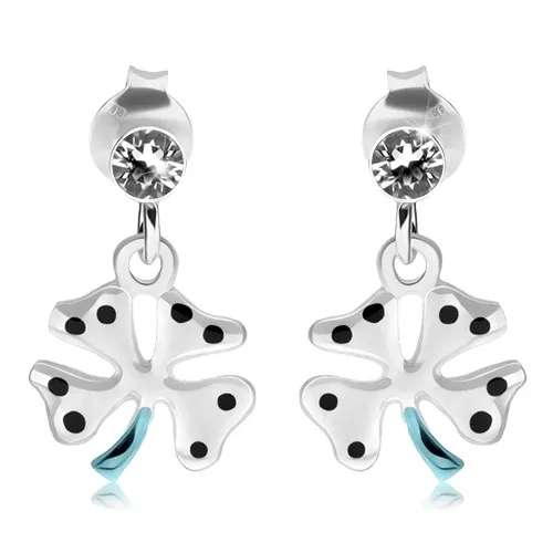 Strieborné 925 náušnice, biely štvorlístok s čiernymi bodkami, číry zirkón