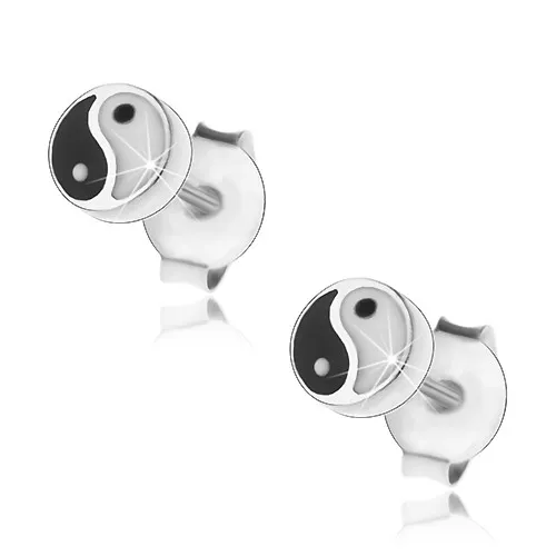 Strieborné náušnice 925, lesklý krúžok s motívom Jin a Jang, puzetky