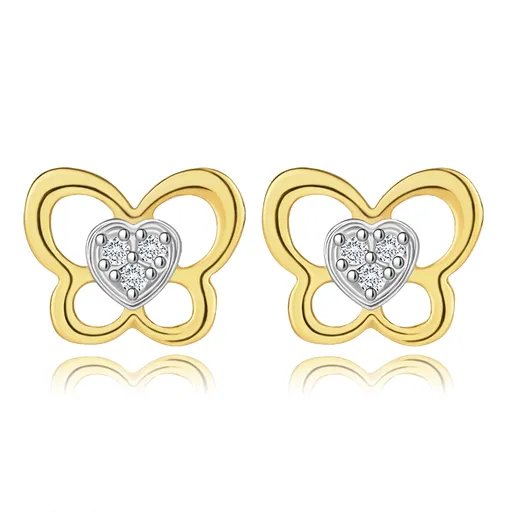Náušnice z kombinovaného zlata 585 - kontúra motýľa, srdce s briliantmi