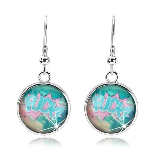 Cabochon náušnice, priehľadné sklo, farebné pozadie, anglický nápis