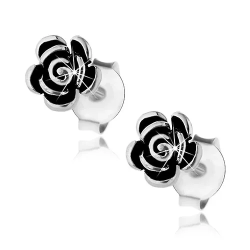 Náušnice zo striebra 925, patinované ružičky, lesklý povrch, puzetky