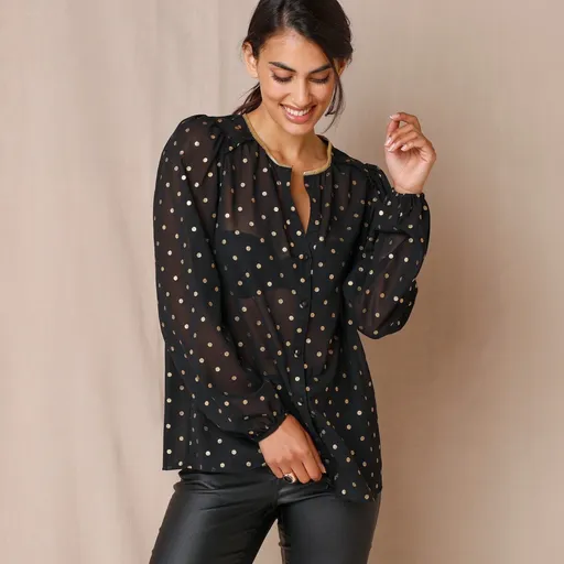 Voálová blúzka so zlatou bodkovanou potlačou