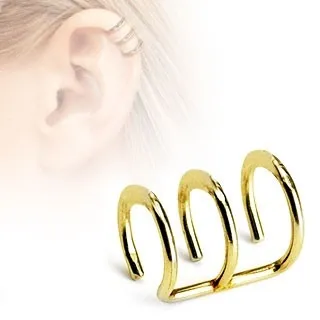 Falošný oceľový piercing do chrupavky - tri krúžky v zlatom farebnom odtieni