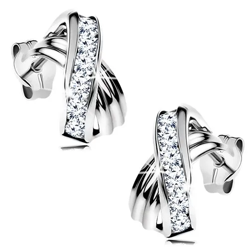Náušnice z bieleho 14K zlata - prekrížené zahntuté línie, trblietavé číre zirkóny