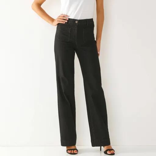 Široké džínsy s vysokým pásom pre postavu 160 až 165 cm