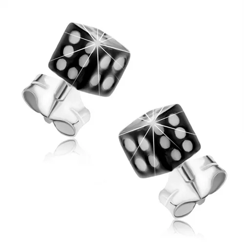 Náušnice zo striebra 925, čierna hracia kocka, biele bodky, puzetky