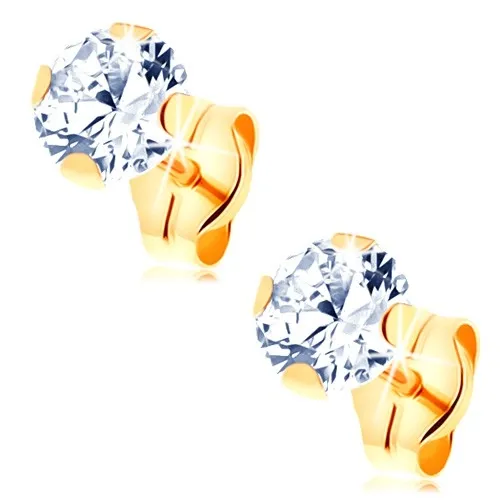 Náušnice zo žltého 14K zlata - číry okrúhly zirkón v kotlíku, 5 mm