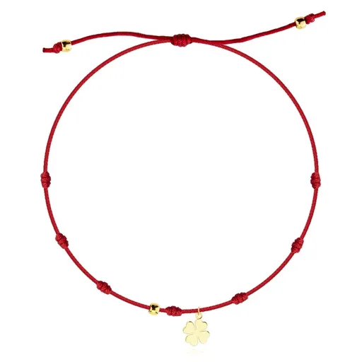 Nastaviteľný náramok s príveskom zo zlata 585 - štvorlístok, červená šnúrka