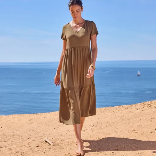 Krepónové jednofarebné midi šaty s výstrihom do V