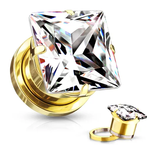 Plug do ucha z chirurgickej ocele - štvorcový zirkón, lesklý povrch zlatej farby, PVD  - Hrúbka: 10 mm