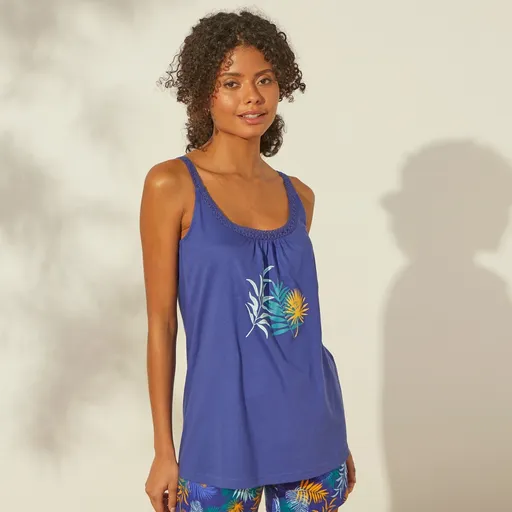 Pyžamový top z bavlny a macramé, so stredovou potlačou