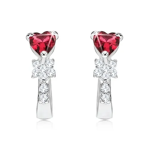 Náušnice zo striebra 925, červený srdiečkový kameň, kvet, číre zirkóny