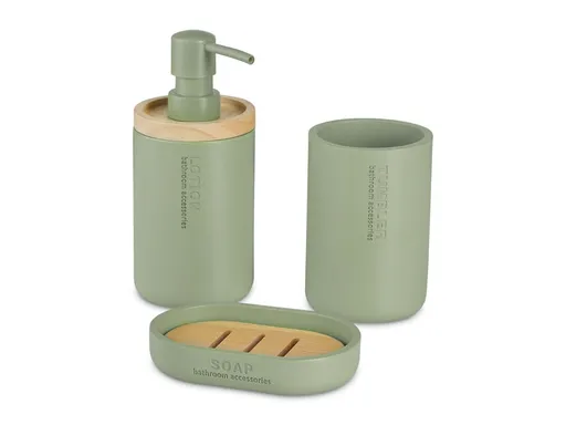 MAKRO - Kúpelňová sada olivová 3ks, 1x mydelnička, 1x dávkovač mydla, 1x pohárik