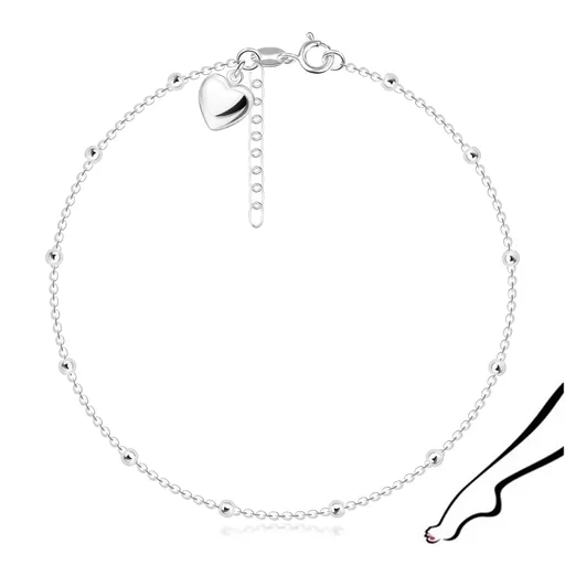 Náramok na nohu zo striebra 925 - lesklé srdce, retiazka s guľôčkami