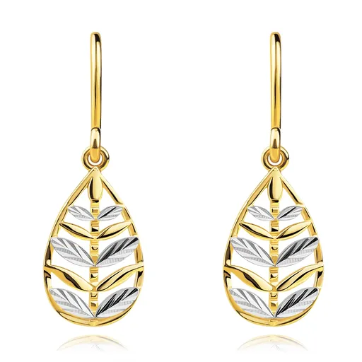 Náušnice z kombinovaného zlata 585 - listy v kontúre slzy, afroháčik