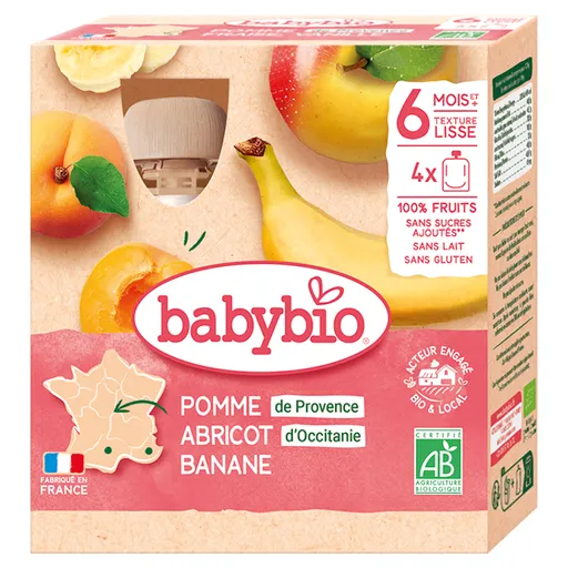 BABYBIO Jablko s marhuľou a banánom 6m+ 4 x 90 g