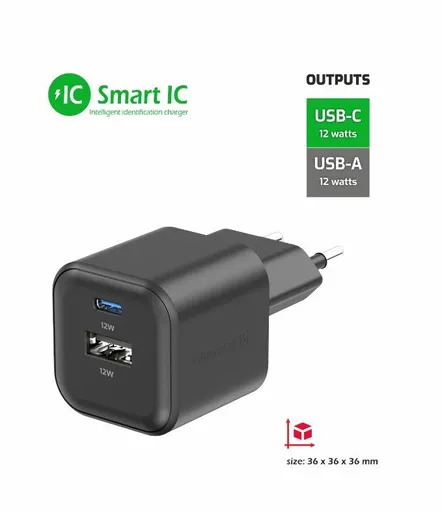 SWISSTEN SIEŤOVÝ ADAPTÉR 12W 1x USB-C + 1x USB-A ČIERNY