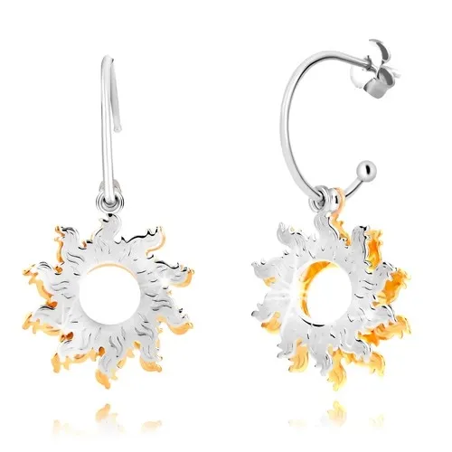 Náušnice zo striebra 925 - úzky polkruh, dvojfarebné slnká a guľôčky