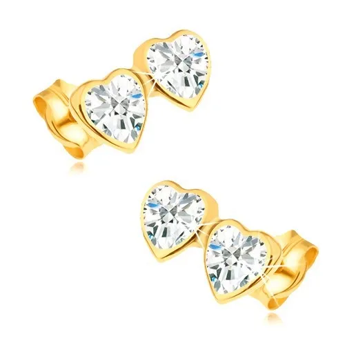 Zlaté náušnice 14K – prepojené srdcia so zirkónmi