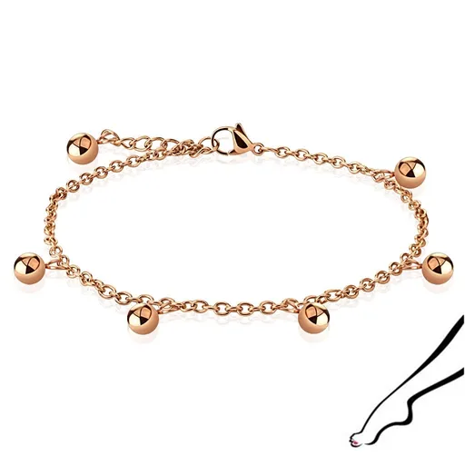 Oceľový náramok na zápästie alebo na členok - lesklé guličky, medená farba