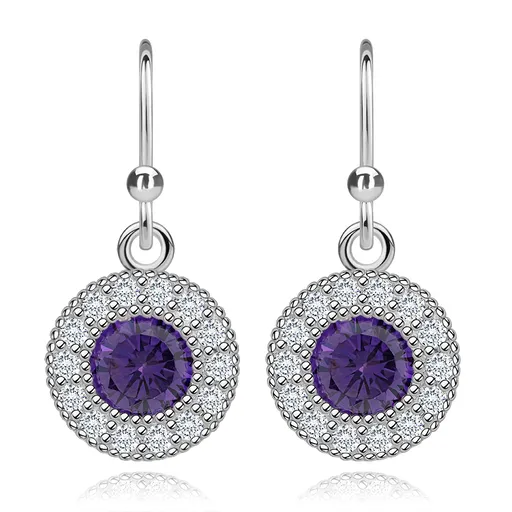 Náušnice v striebre 925 - fialový okrúhly zirkón, číry lem, afroháčik