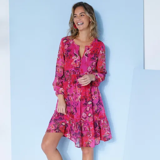 Voálové šaty s hlbokým výstrihom a potlačou kvetín