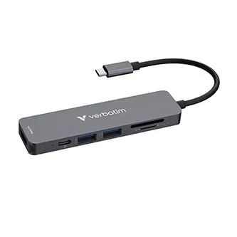 Verbatim 32156, USB-C viacportový rozbočovač Essentials 6-port, 32156, sivý, dĺžka kábla 18cm, USB-C PD, USB-A 3.2 Gen 1, USB-A 2.0, SD