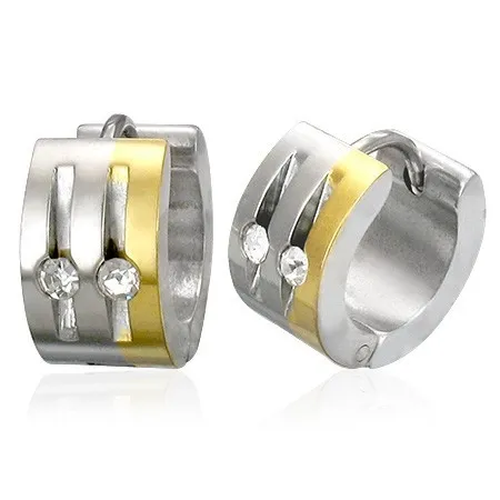 Oceľové náušnice striebornej a zlatej farby, číre zirkóny, zvislé zárezy