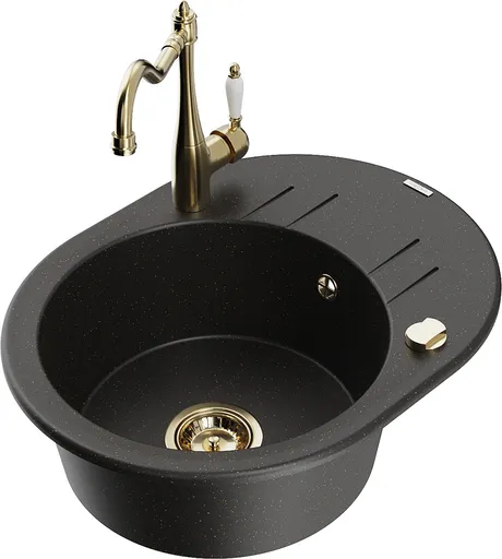 MEXEN/S MEXEN/S - Kevin granitový drez 1-miska s odkvapkávačom vrátane batérie Carla, čierna/zlatá metalik 6517-75-670700-50