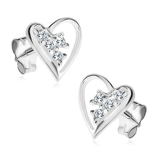 Strieborné 925 náušnice, nepravidelný obrys srdca, číre zirkóny