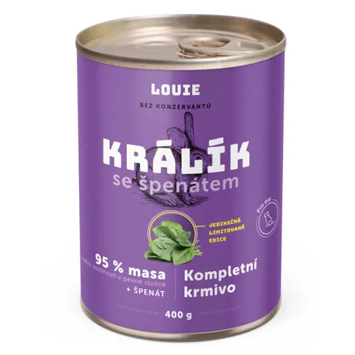 LOUIE Konzerva pre psov králik so špenátom 400 g