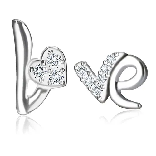 Strieborné náušnice 925 - motív Love, srdiečko a písmeno so zirkónmi, puzetky
