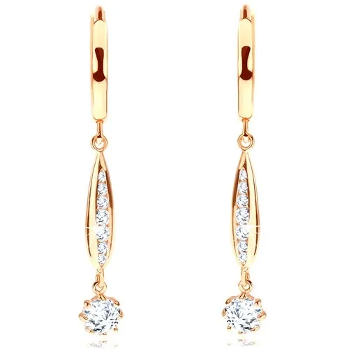 Náušnice zo žltého 14K zlata - hladký kruh, úzka kvapka, číre zirkóny