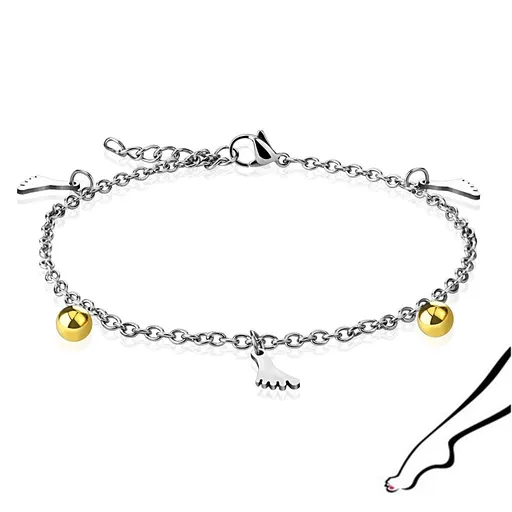 Náramok na nohu z ocele - chodidlá a guličky, dvojfarebné prevedenie