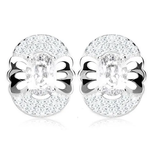 Strieborné 925 náušnice, zirkónový ovál, podoba motýľa, dvojitý lem