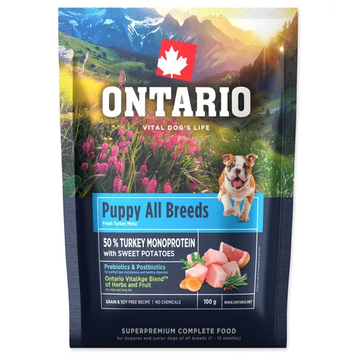 Vzorka Ontario Puppy & Junior All Breeds Monoprotein Turkey & Sweet Potatoes 0,1kg
