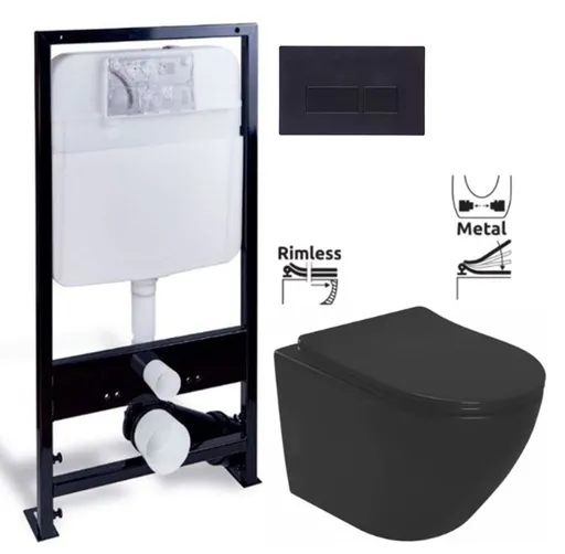 PRIM predstenový inštalačný systém s čiernym tlačidlom 20/0044 + WC REA CARLO MINI RIMLESS ČIERNY MAT + SEDADLO PRIM_20/0026 44 MM1
