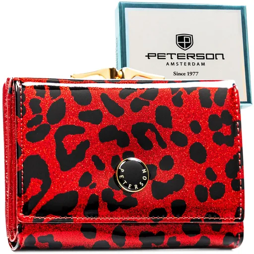 Czerwony portfel damski ze skóry ekologicznej i naturalnej w cętki, zamykany biglem i zatrzaskiem - Peterson