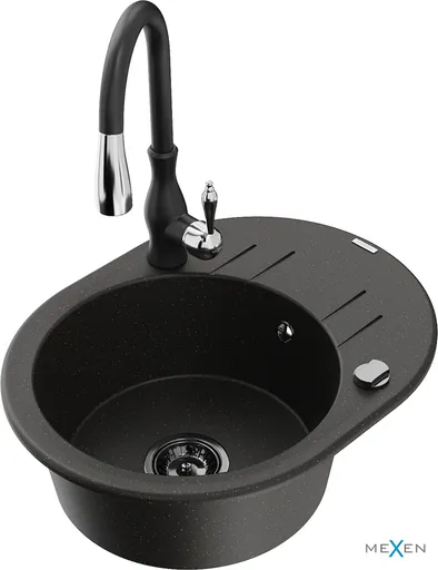 MEXEN/S MEXEN/S - Kevin granitový drez 1 s odkvapkávačom vrátane batérie Savita, čierna/zlatá metalik 6517-75-672601-70-B