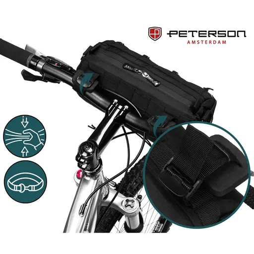 Čierna vodoodolná cyklistická taška na riadidlá s ramenným popruhom a reflexnými prvkami - Peterson