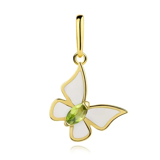 Zlatý prívesok 9K motýľ s bielou glazúrou a zeleným zirkónom